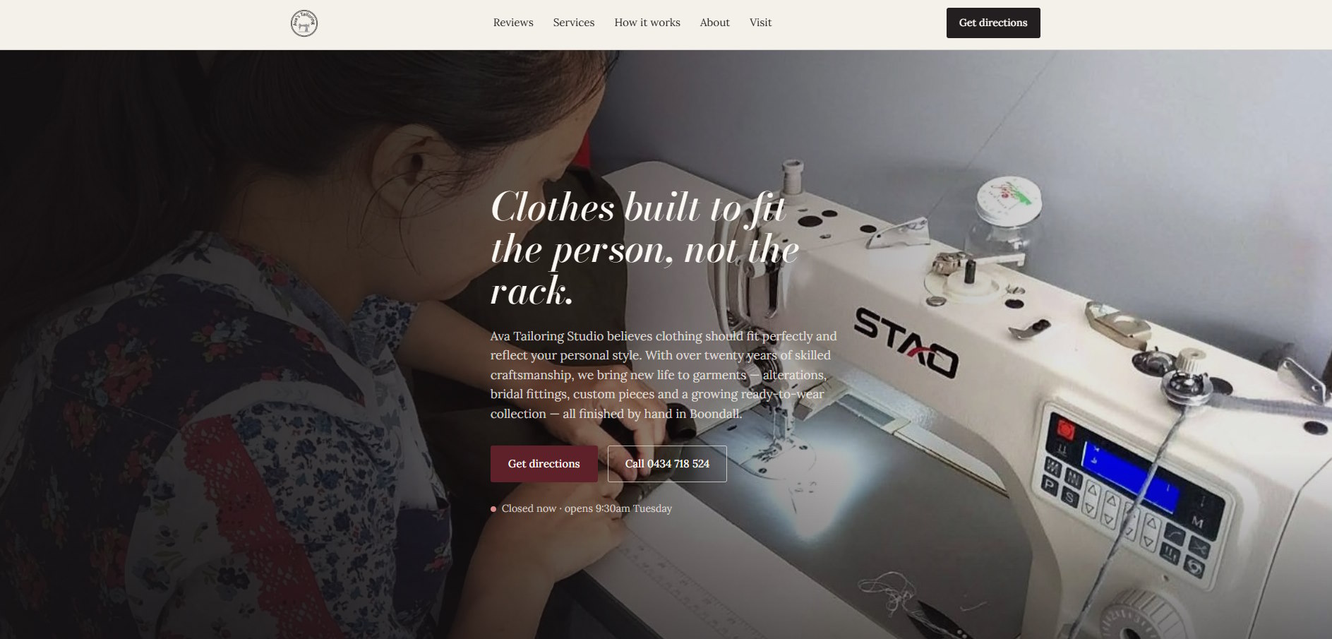 Homepage of the Ava Tailoring website